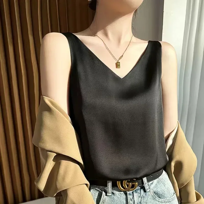 InjTop-T-shirt fin à bretelles sexy pour femmes, col en V, lettre imprimée, haut précieux, mode coréenne, document solide, été, offre spéciale, nouveau