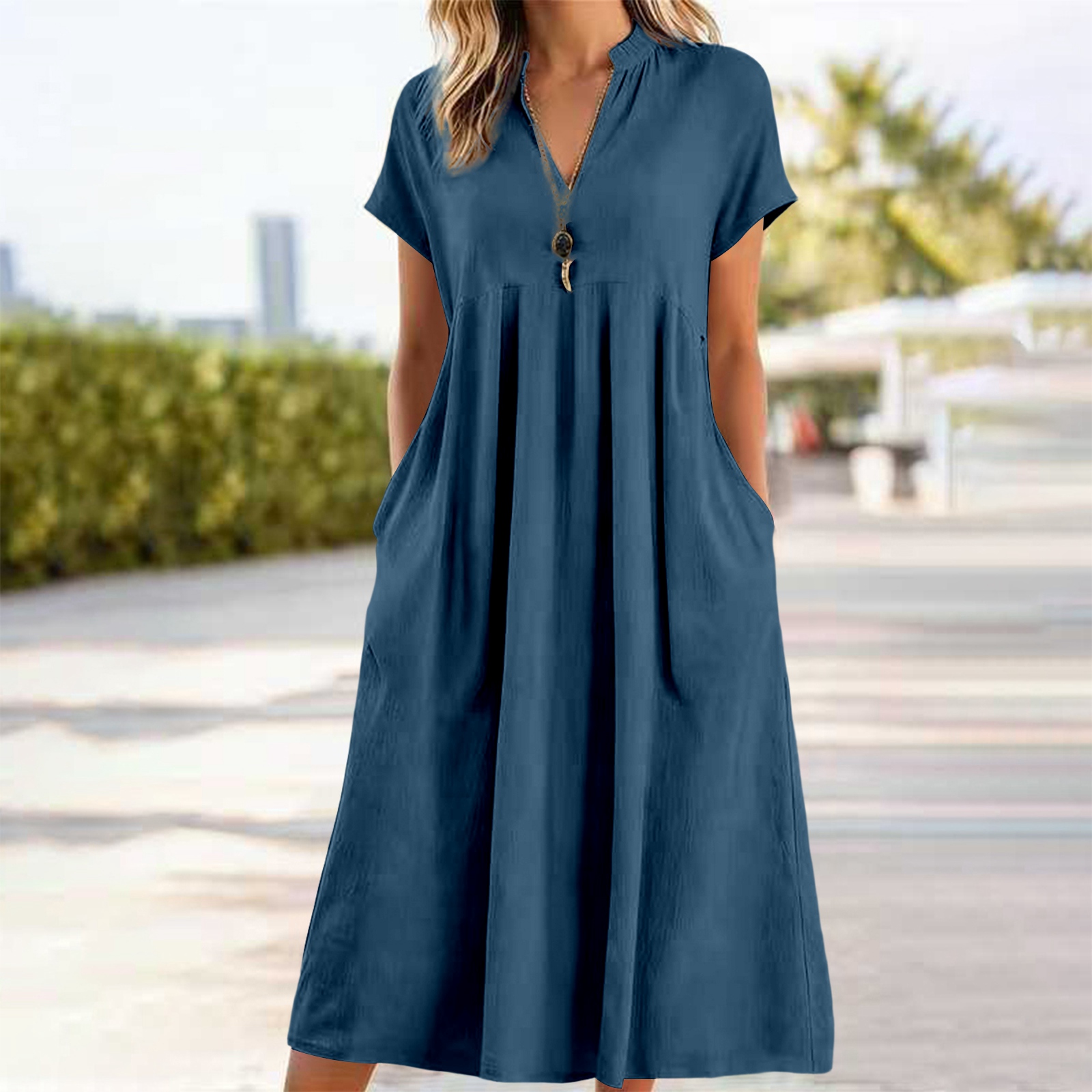 Robe midi en coton et lin pour femme, col en V ample, manches courtes, coupe trapèze, unie, décontractée, robe d'été pour la plage avec poches