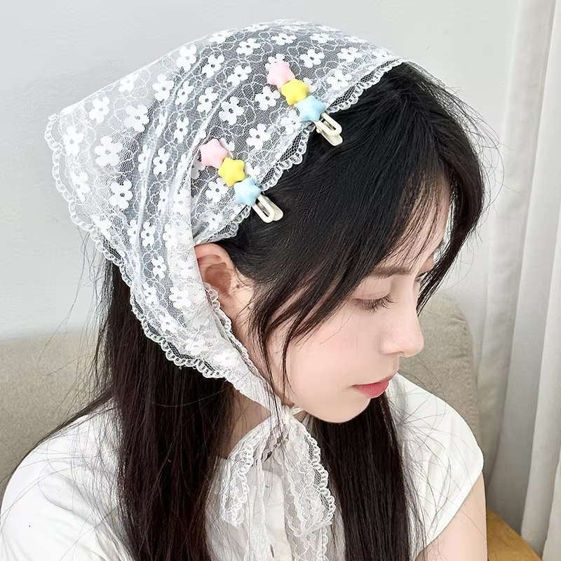 Foulard triangulaire rétro à fleurs pour femmes, bandeau carré, coiffure pastorale française coréenne, couvre-chef d'été en dentelle pour filles