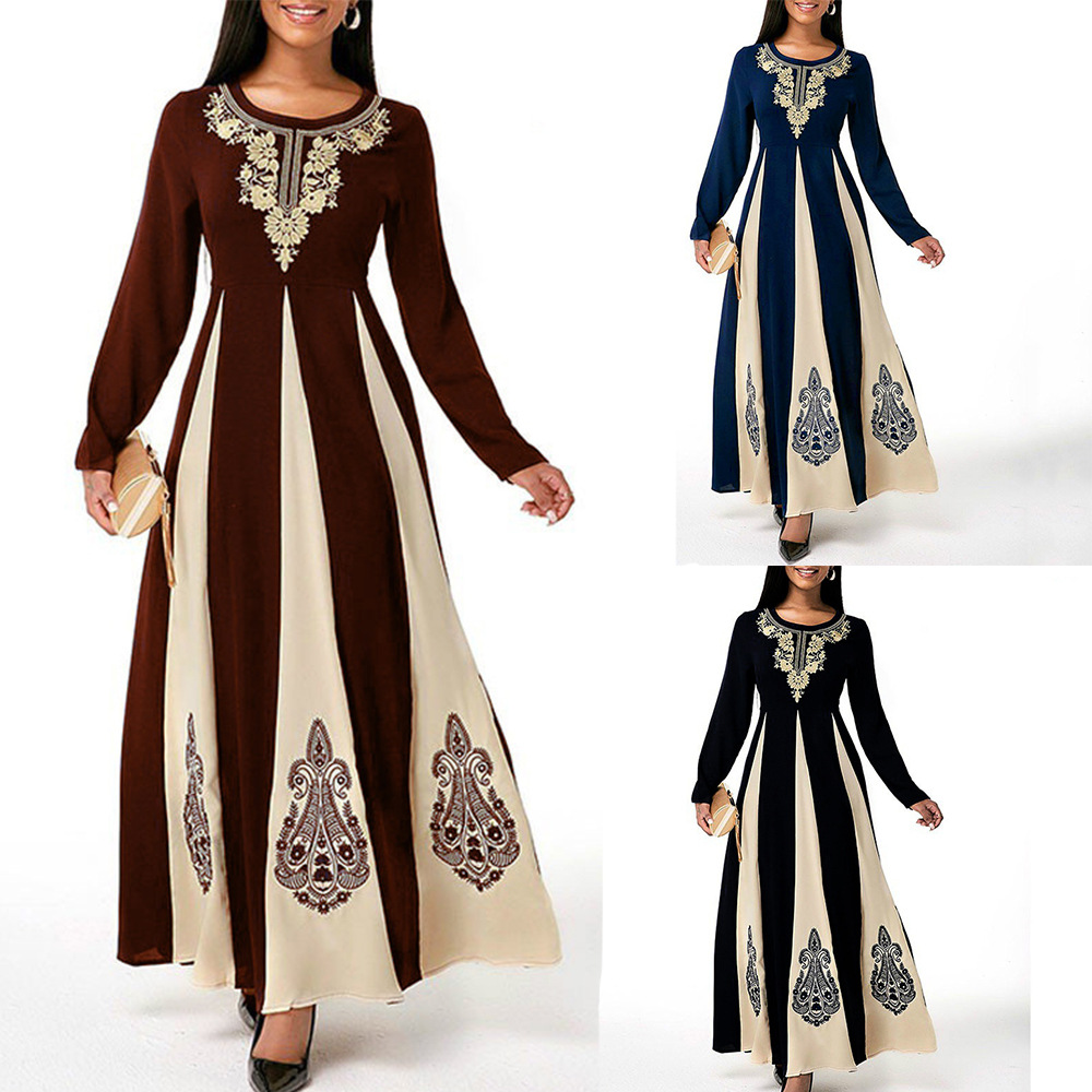 Robe musulmane élégante pour femme, col rond, manches longues, islamique, arabe, Abaya, patchwork, imprimé, Turquie, Eid Mubarak, automne, 2021