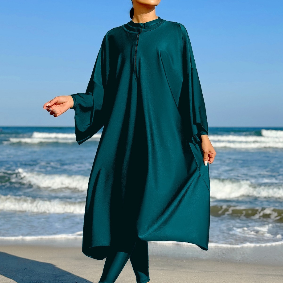 Burkini pour femmes, robe longue à manches longues et col montant, vert turquoise, maillot de bain modeste, robe maxi, robe de bain avec fermeture éclair sur le devant