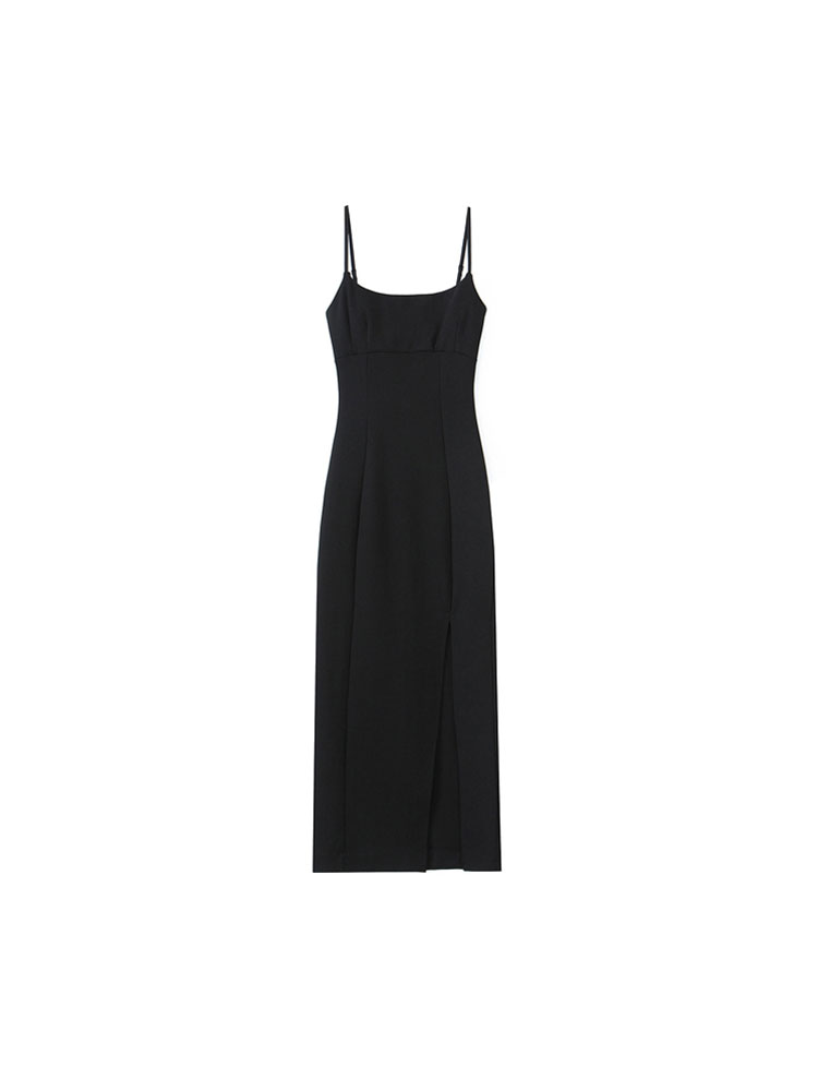 Femmes mode avant Vent doux à bretelles robe mi-longue col droit fines bretelles robes féminines robes Mujer