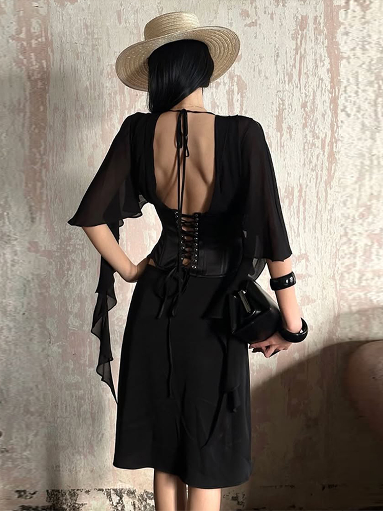 Chemisier Corset en Chiffon pour Femme à Manches Volantes, Col en V Profond, Structuré avec Baleines, Découpes, Taille Cintrée, Coupe Slim, Style Chic Streetwear