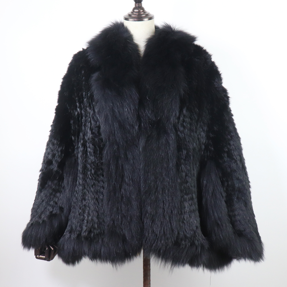Femmes chaudes tricoté 100% réel fourrure de lapin châle hiver chaud véritable fourrure de lapin Pashmina manteau avec col de fourrure de renard pour la mode féminine