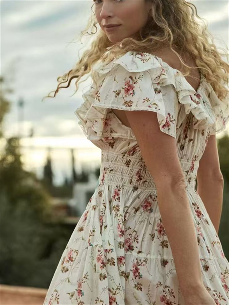 Robe longue plissée à imprimé floral pour femme, col à volants, manches volantées, taille élastique, 100 % coton, idéale pour les vacances
