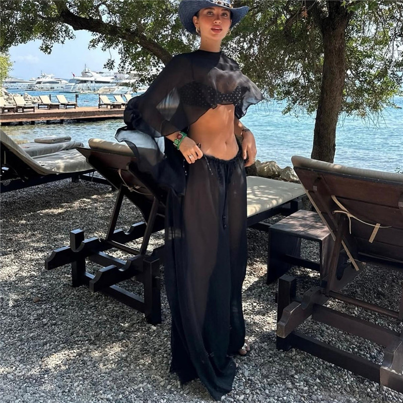 Ensemble 2 pièces de plage : Cape transparente à manches courtes et pantalon large à cordon élastique – Tenue assortie pour femme pour les vacances d'été