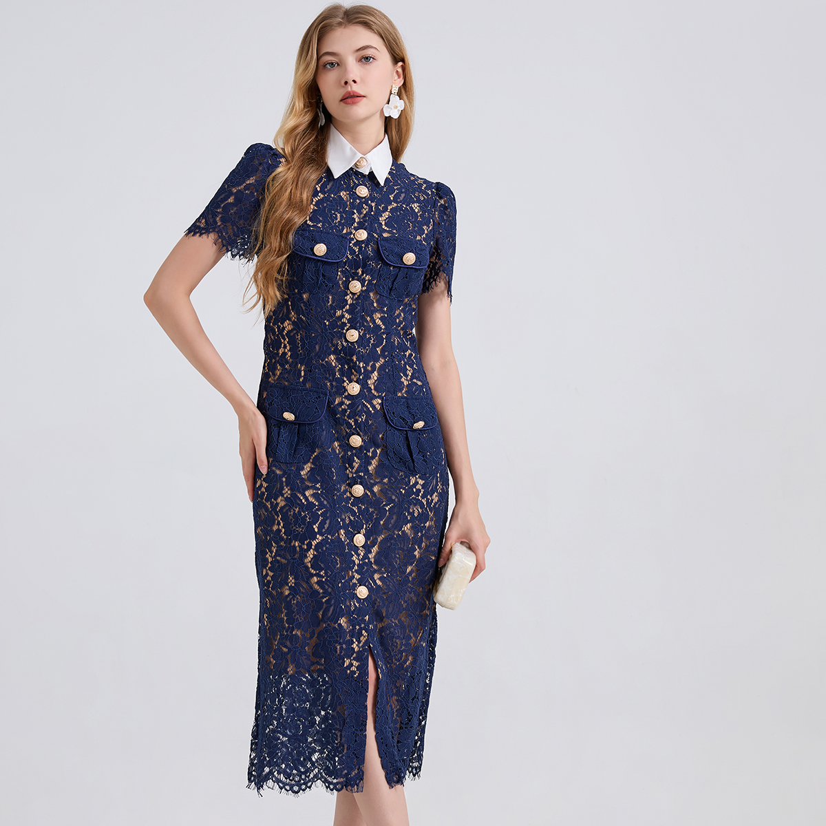 Robe élégante de Style français pour femmes, mode Noble, dentelle avec col contrasté, cordons, poches 3D, coupe moulante, été 2025