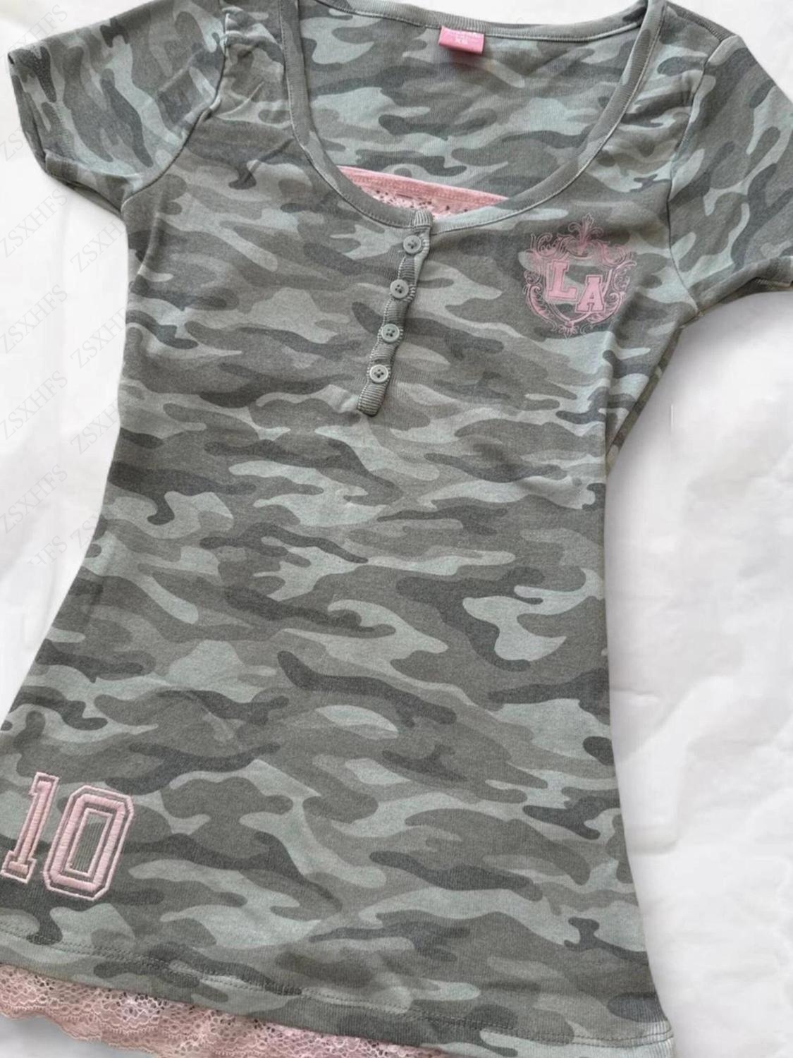 T-shirts camouflage, mode urbaine, tendance quotidienne, sexy, coupe ajustée, bordure en dentelle, manches courtes, style américain, vintage, décontracté, tops Y2k punk.