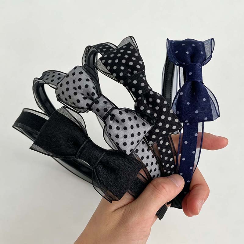 1PC Bandeau Vintage à Pois en Organza avec Nœud, Élégant, en Maille Transparente, Doux, Polyvalent, Accessoire Cheveux Quotidien pour Femme