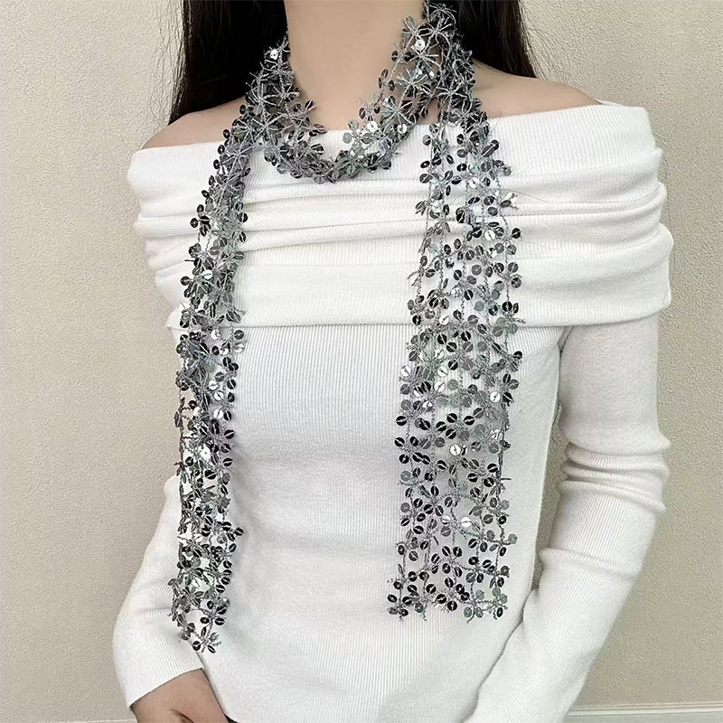 Écharpe pour femme à sequins brillants, motif floral ajouré, tour de cou fin orné de paillettes, accessoire de mode