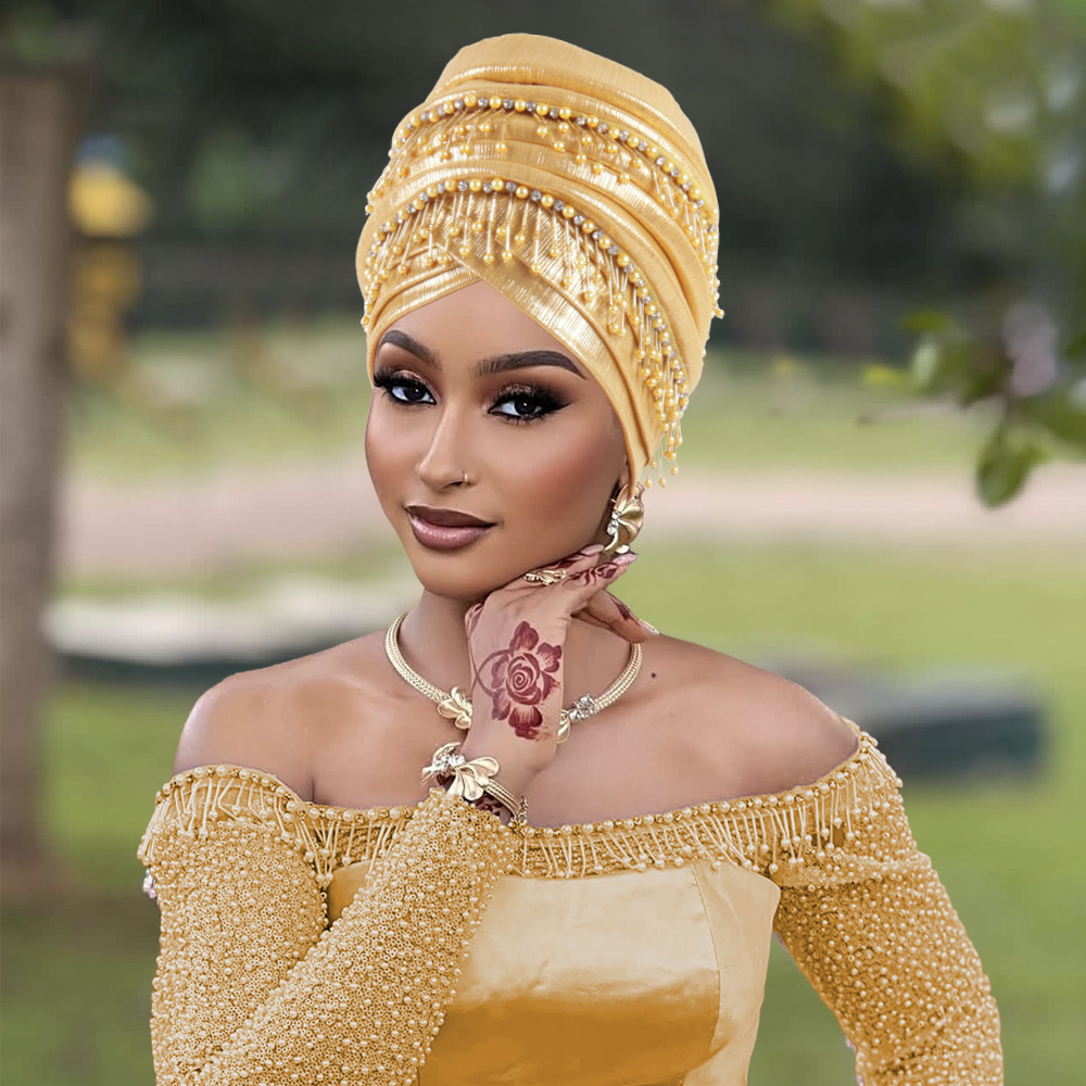 Couvre-chef africain femmes perles glands Turban casquette mariage nigérian Auto Gele fête casque tête enveloppement Hijab Bonnet chapeau coiffure