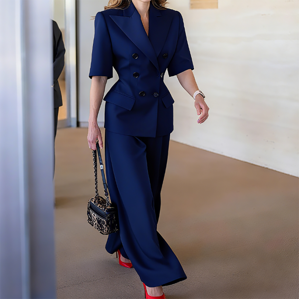 Costumes classiques pour femmes, ensemble 2 pièces veste et pantalon, demi-manches, large revers, Double boutonnage, Blazer, vêtements de bureau formels