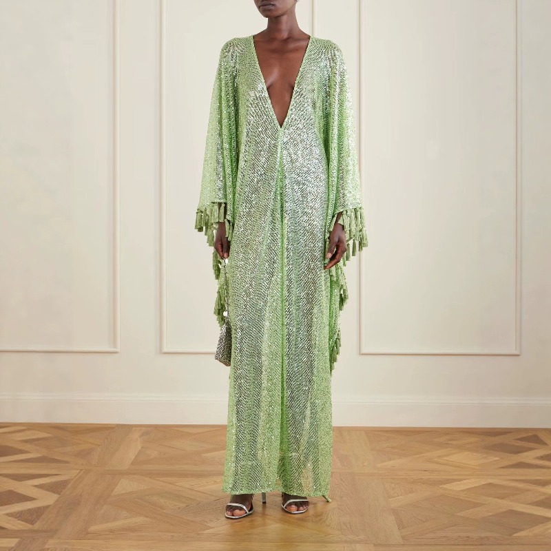Robe longue caftan vert clair à sequins et franges, col en V profond, manches cloche, tenue de soirée, de plage ou de bal pour femme