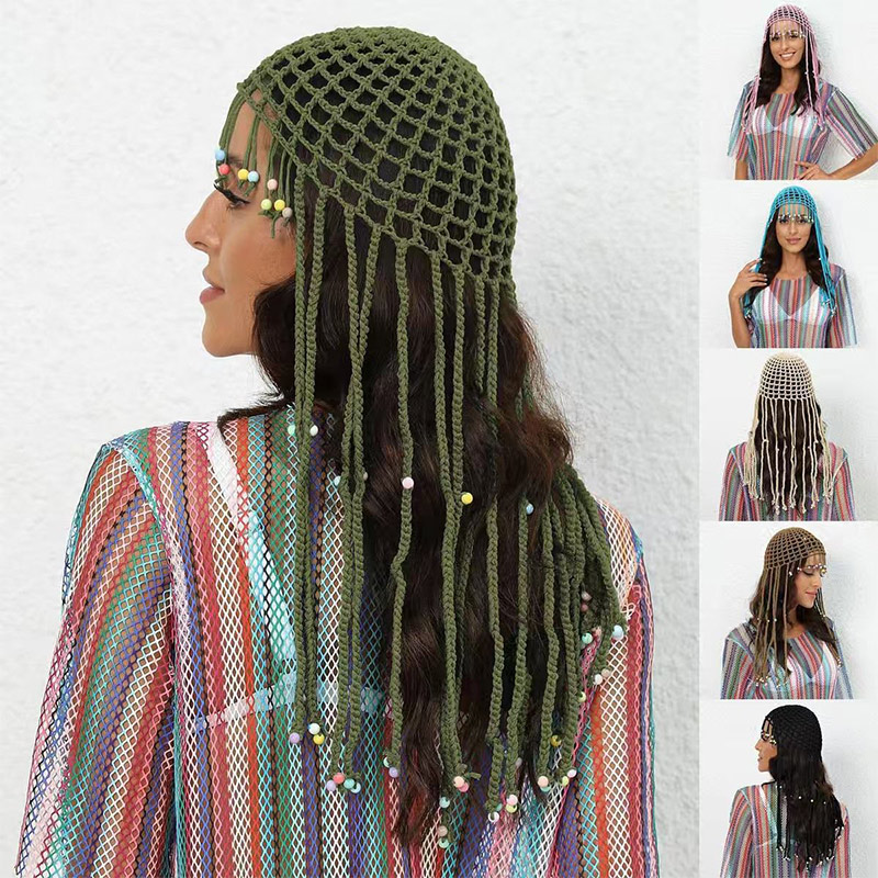 Chapeau en crochet style ethnique, chapeau de plage à pompons, bandeau perlé en maille à pompons, accessoire de cheveux style bohème, tenue tendance ﻿