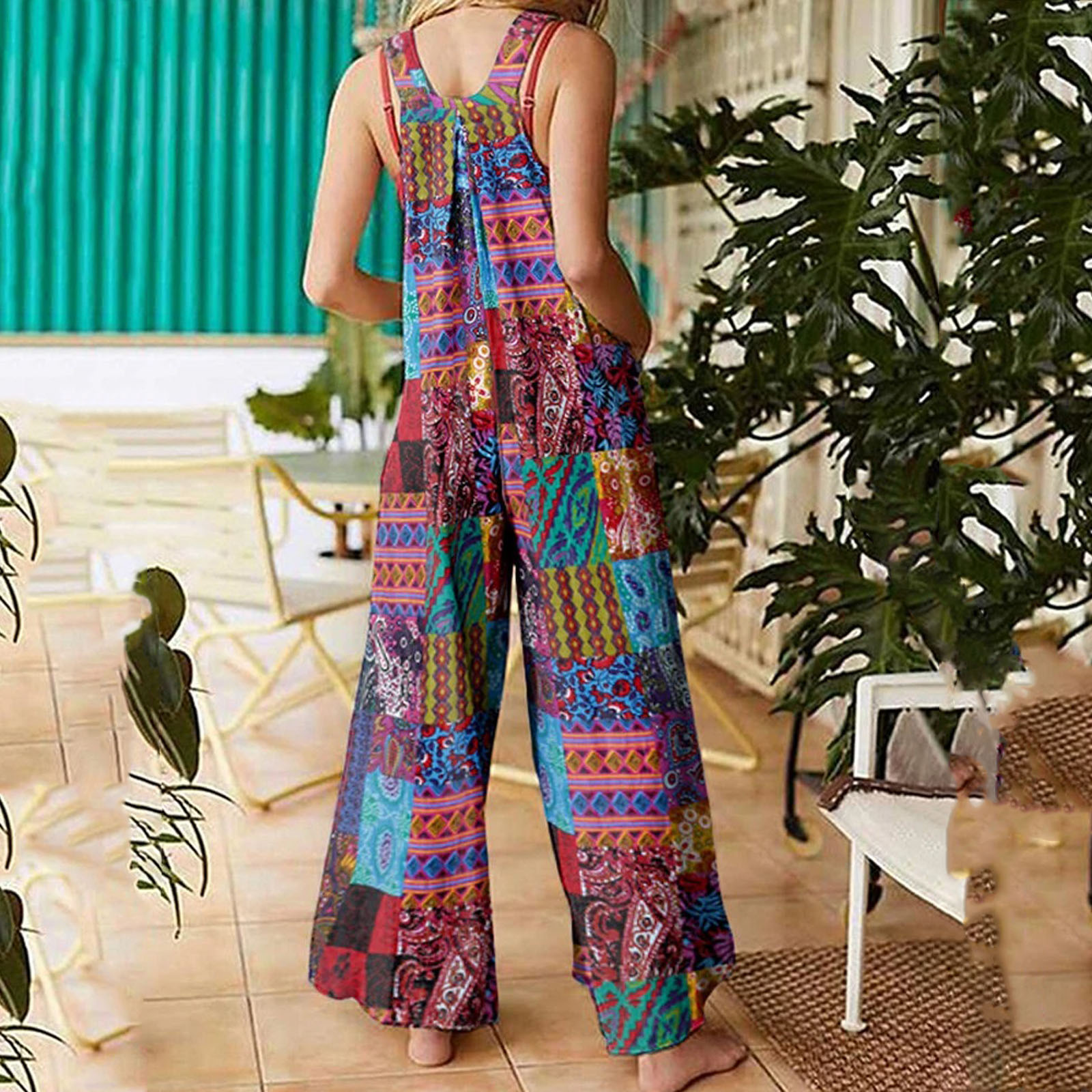 Combinaisons de style ethnique pour femmes, salopette d'été multicolore à col carré, barboteuses en fibre décontractées avec poches pour filles, combishort