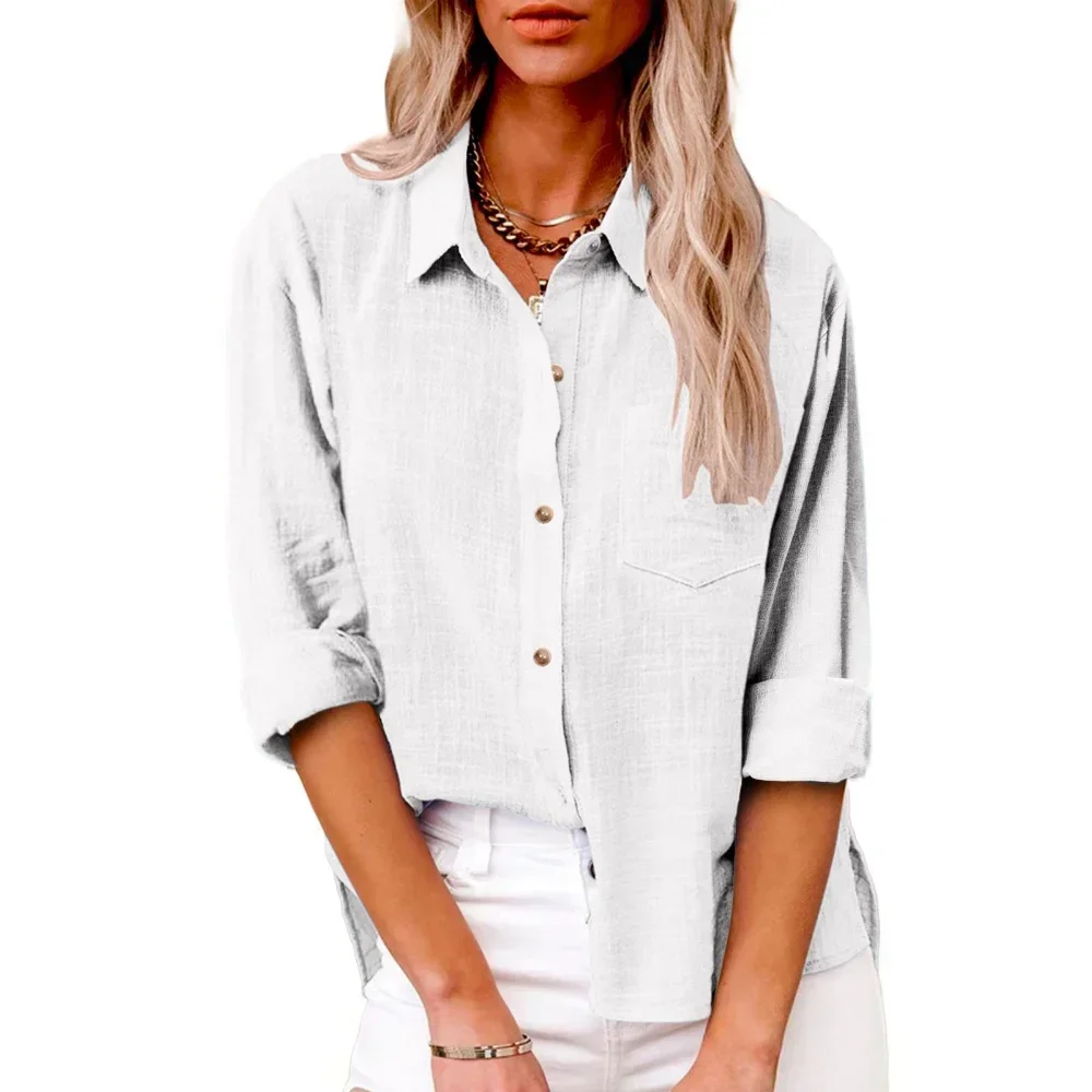 Coton lin chemises à manches longues pour femmes T-Shirt solide mode T-Shirt femme vêtements T-Shirt élégant décontracté hauts t-shirts Streetwear