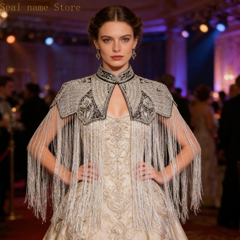 R7UD châle luxueux brodé Capelet géométrique accessoire tenue soirée