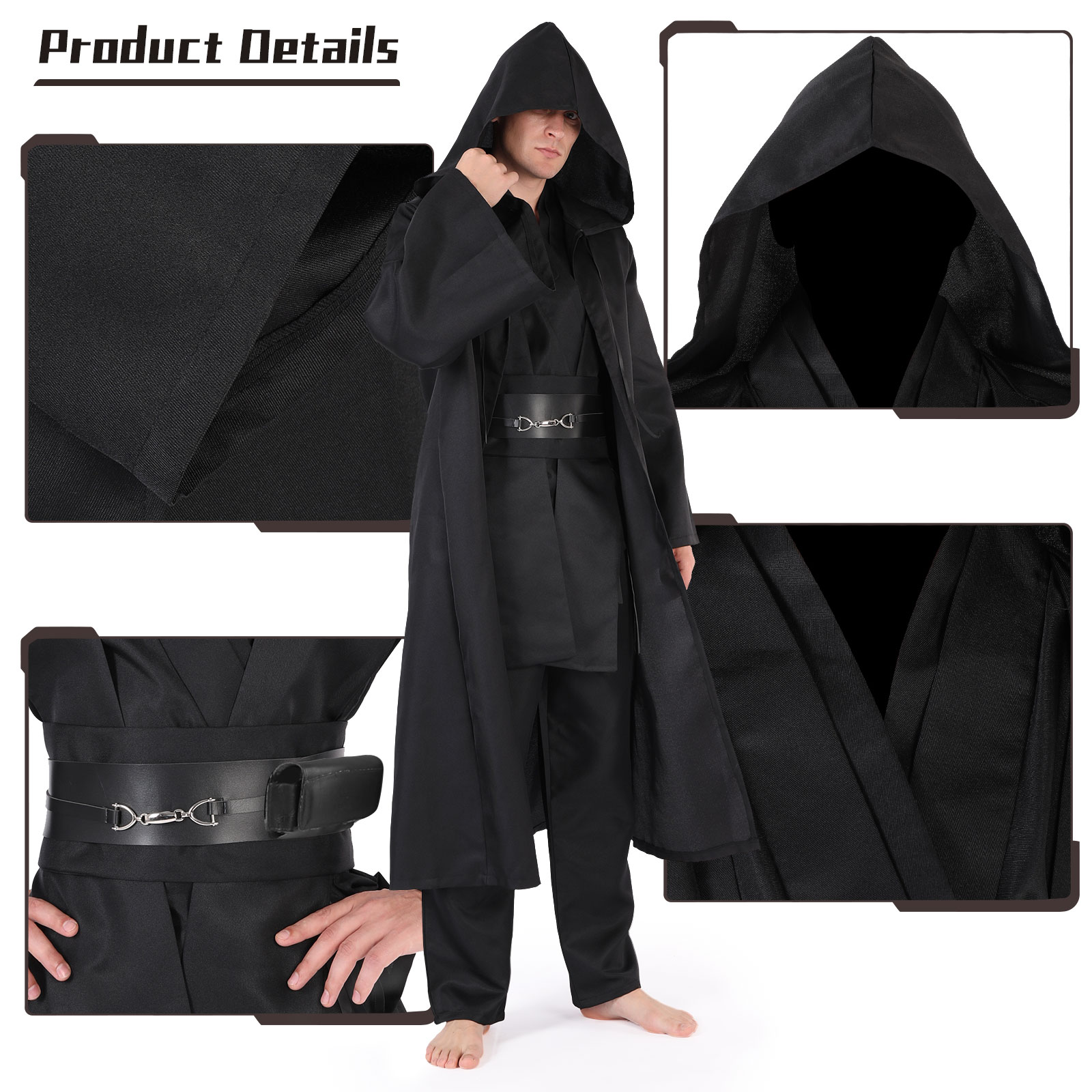 Cafele Halloween tunique Costume ensemble Cosplay tenue Jedi chevalier marron blanc Robe à capuche Obi Wan noir Cosplay Costume pour adulte