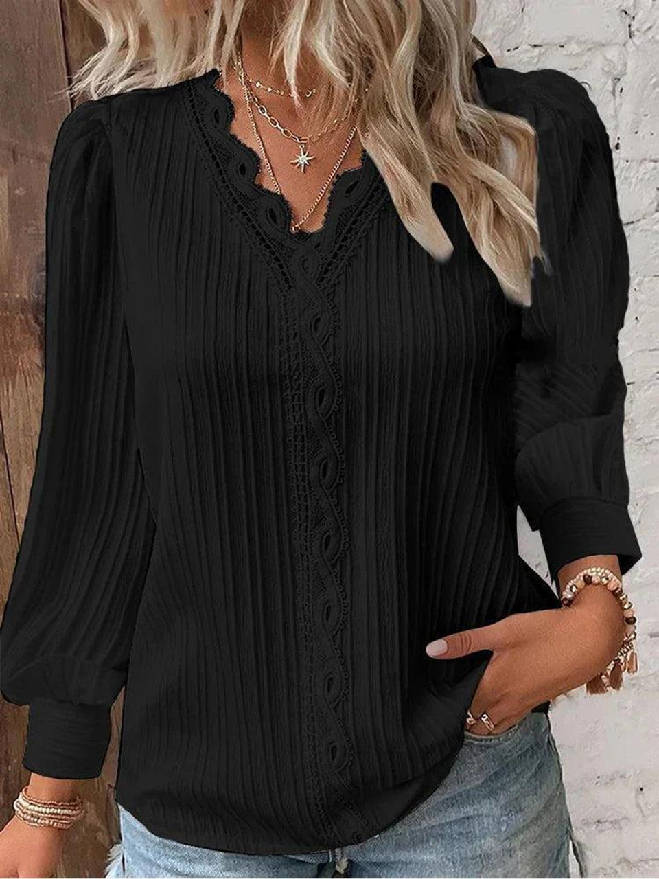 Chemise ample en dentelle pour femmes, col en v, manches longues, pull en mousseline de soie, haut d'automne, chemisier de rue Simple et élégant