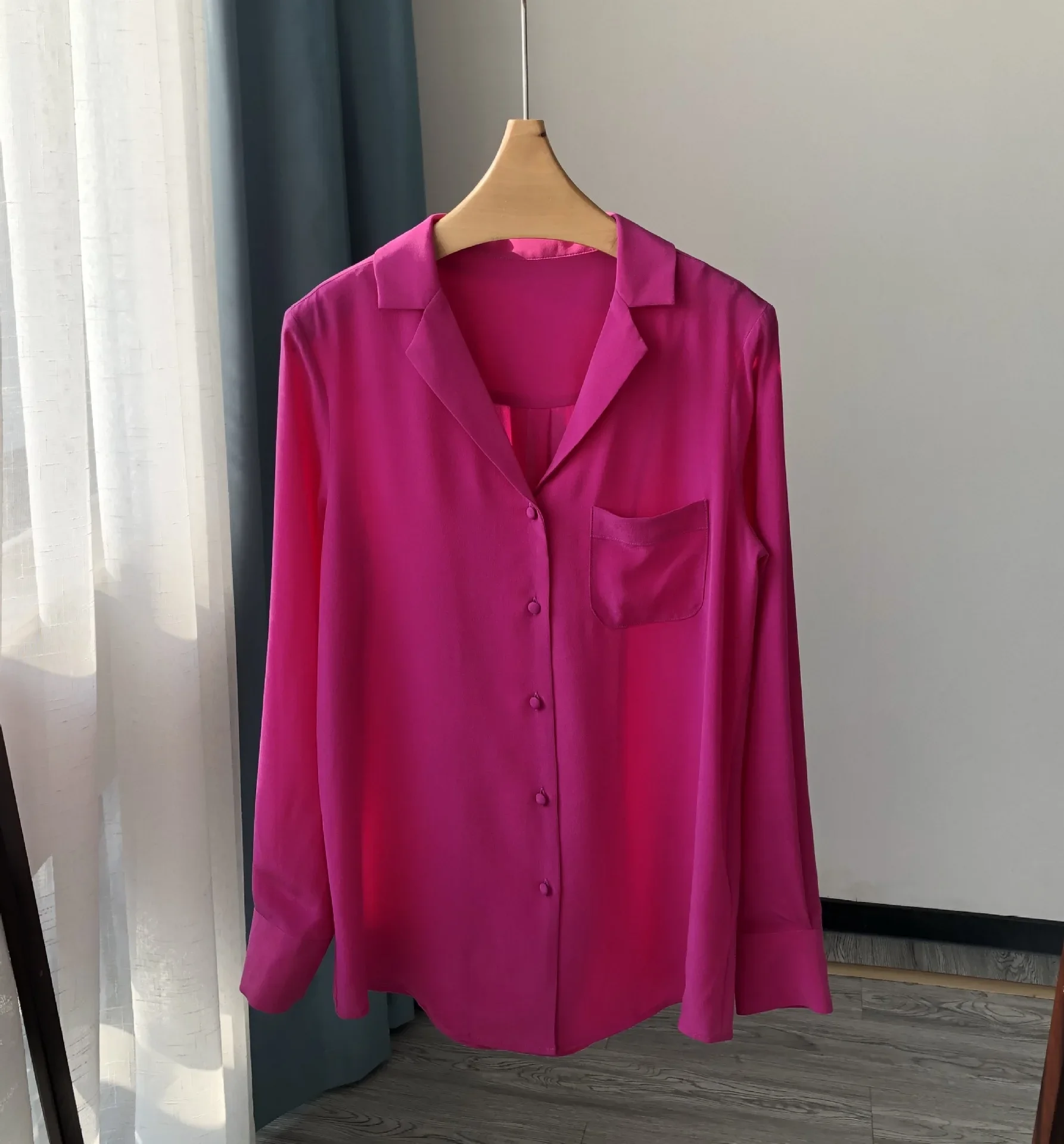 Chemise en crêpe de soie pour femmes, couleur élégante, col de costume Vintage, col en v, petite boucle avec poche, lavage au sable, chemisier en soie de mûrier pour femmes
