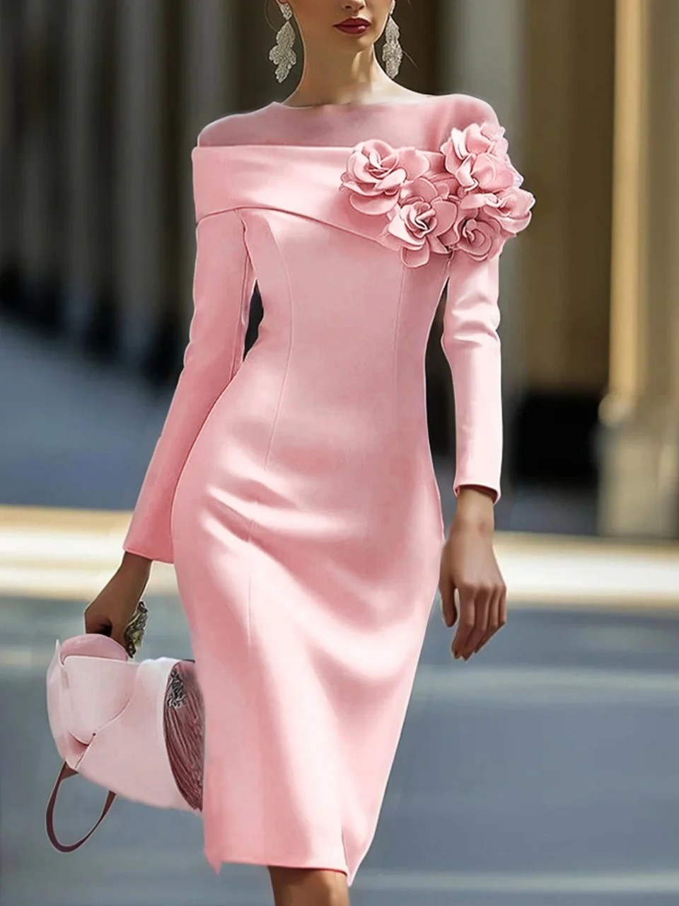 Femmes élégantes 3D Floral col rond robe formelle automne printemps solide mince moulante hanches robe à manches longues robes de soirée au genou