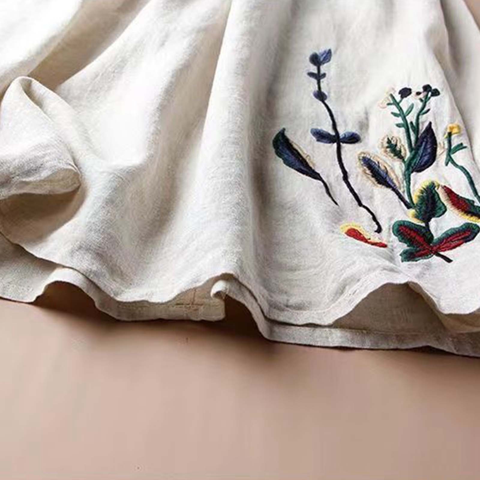 Jupe mi-longue évasée vintage en coton et lin brodée de fleurs pour femme, coupe ajustée, style A-line, Roupas Feminina Alo VêTement Femme