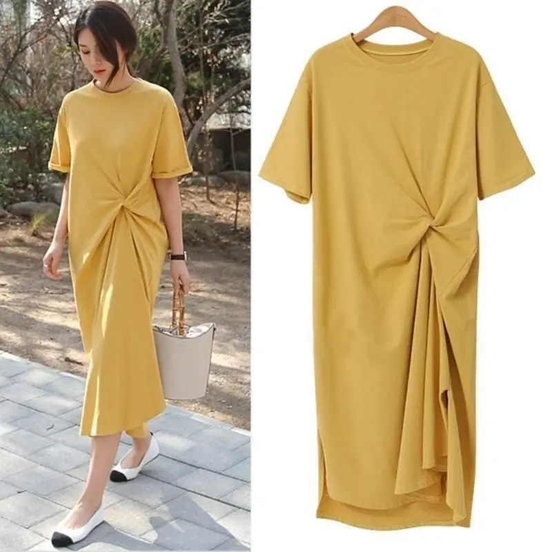 Robe chemise noire mi-longue pour femmes, vêtements de style coréen, fendue sur le côté, manches courtes, 4XL, été, 2024