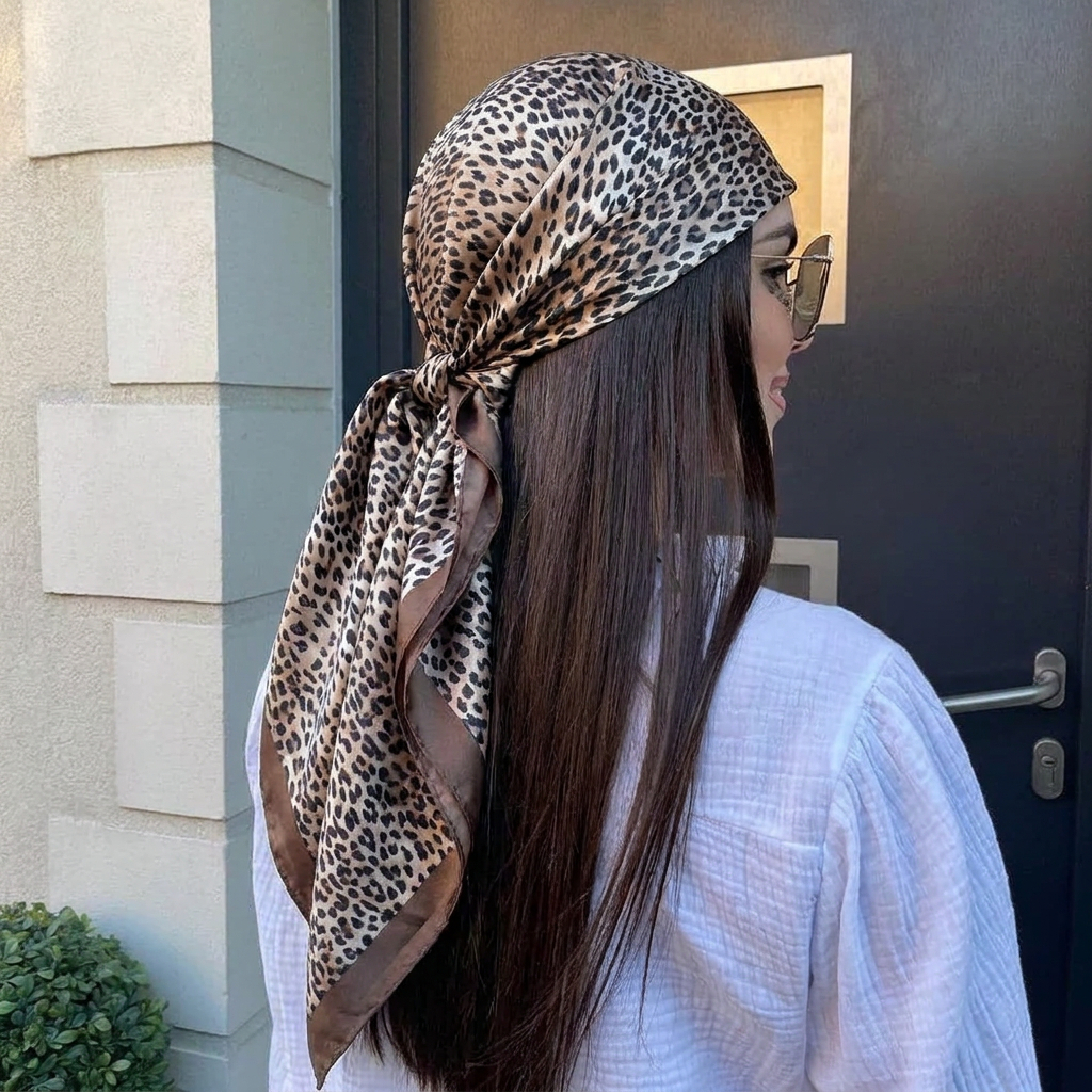 Foulard carré de luxe 90 cm en soie imprimé léopard pour femme, hijab, bandeau pour cheveux, écharpe, châle en satin, ruban, bandeau pour la tête