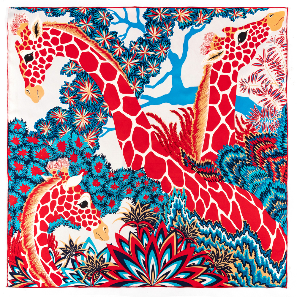 The Three Graces Foulard de marque de luxe avec imprimé Girafe pour femmes, écharpe carrée en soie 90x90, 100% soie naturelle, pour cheveux
