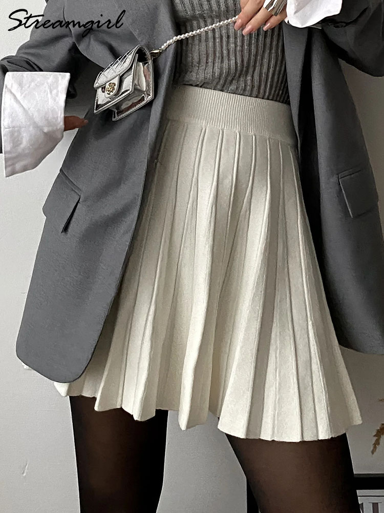 Jupes plissées mini en tricot blanc pour femme, coupe trapèze, taille haute, style coréen, pour l'automne