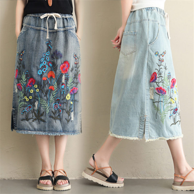 Jupe en jean taille élastique pour femmes-jupe longue brodée Vintage extensible confortable avec poches tenue décontracté coréenne F1209