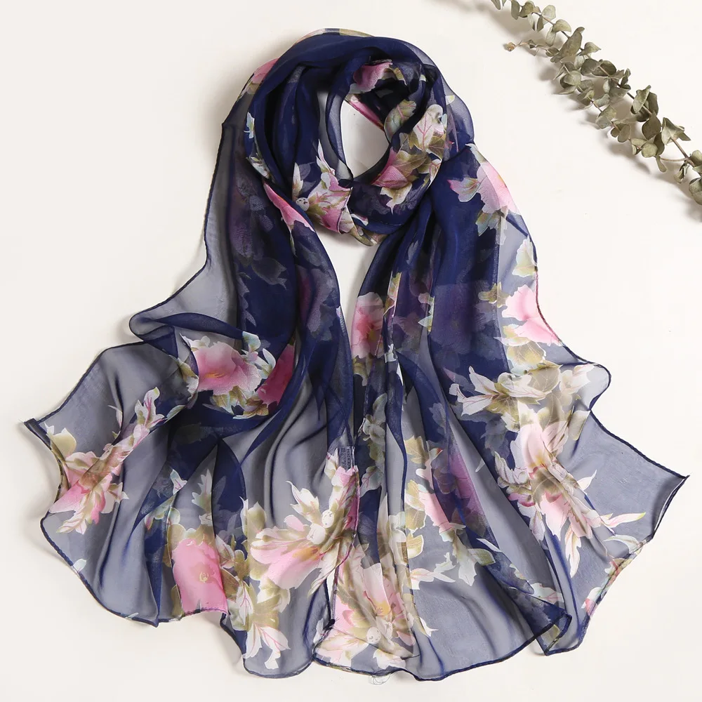 Injplanchers ves-Foulard en mousseline de soie pour femme, châle fin, hijab, imprimé floral, bandana, protection solaire, long cou