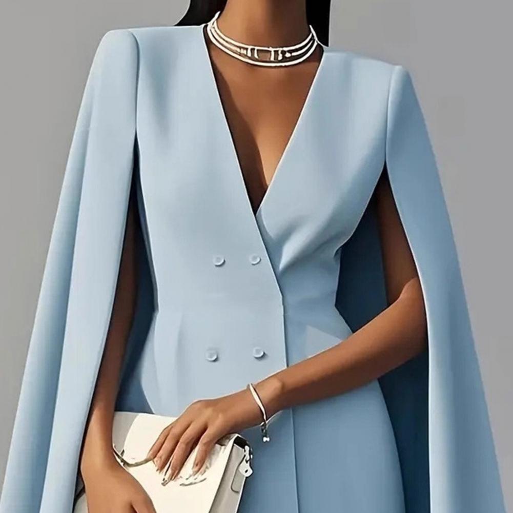 Robe Blazer de Bureau pour Femme, Col en V, Manches Fendues, Style Cape, Mini-Robe Professionnelle, Double Boutonnage, Jupe Longue