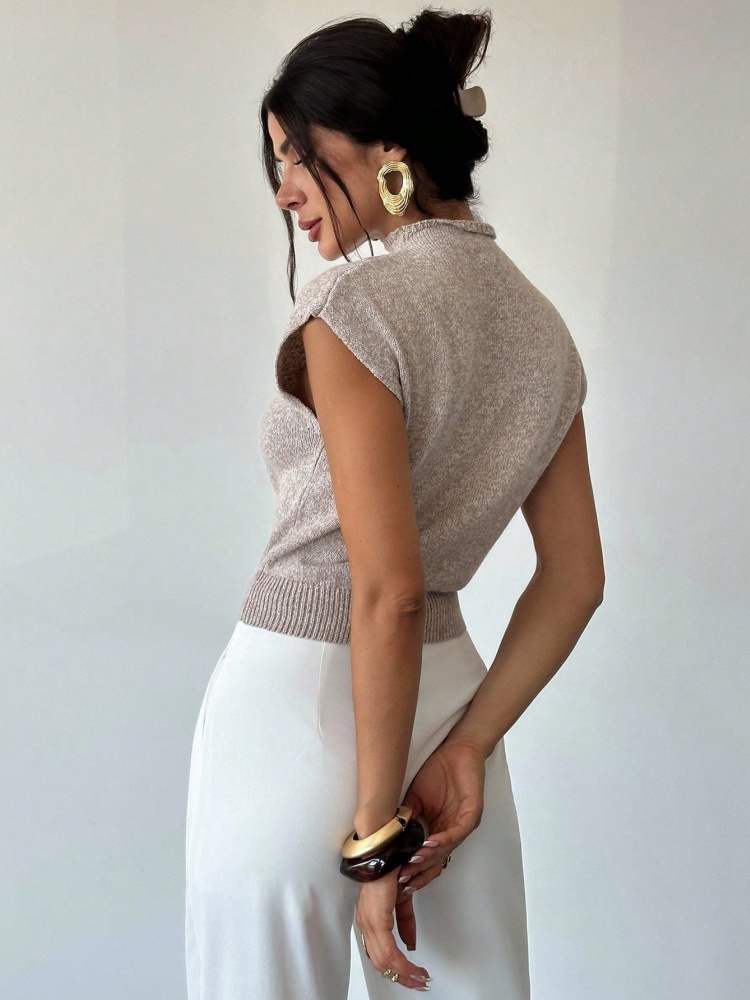 Pull en maille à col montant et manches courtes pour femme – Printemps, été, automne – Élégant, décontracté, coupe ajustée – Idéal pour le bureau, les trajets quotidiens et le streetwear