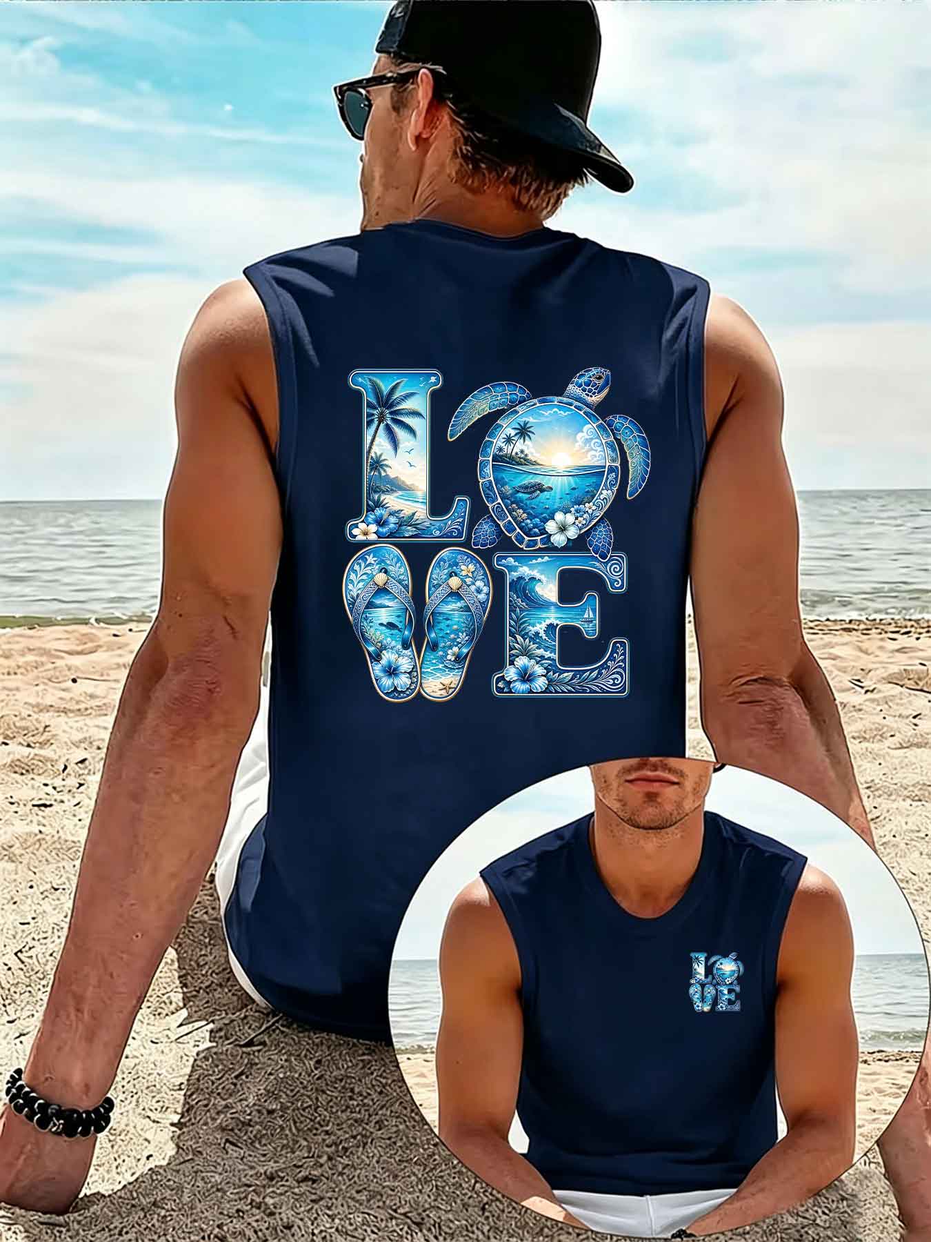 Débardeur Homme Sans Manches pour Vacances à la Plage, Motif LOVE Tortue de Mer, Palmier Tropical, Vague et Tongs, Coupe Ample, Été, Sport