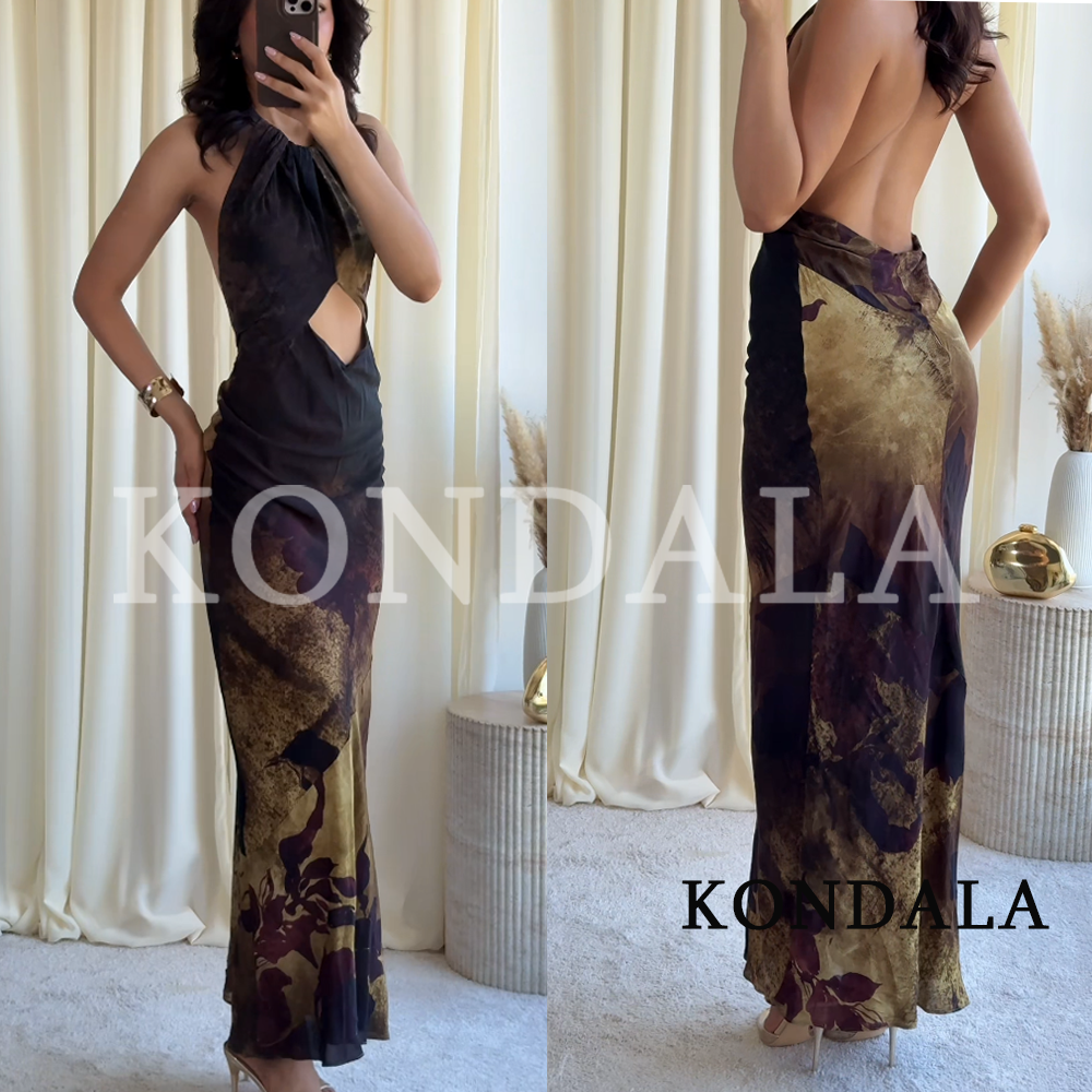 Robe longue KONDALA pour femme, imprimé vintage tendance, sans manches, dos nu, style halter, nouvelle mode été 2026, idéale pour les vacances et les soirées à la plage