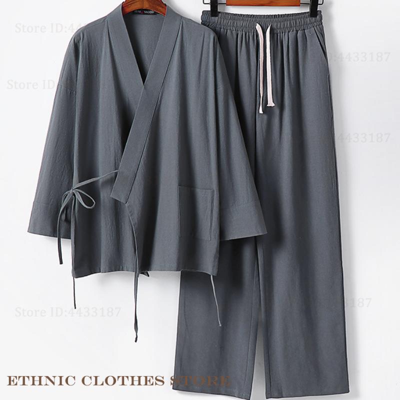 Grande taille 3XL-9XL hommes japonais Kimono Cardigan pantalon ensemble Harajuku samouraï Costume coton lin Kimono Haori Yukata veste ample