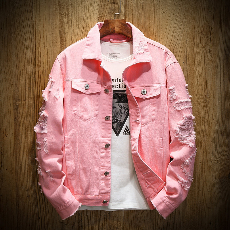 Nouvelle Veste en Jean Homme Printemps-Automne Coupe Slim en Coton Denim Blanche Déchirée avec Trous Manteau Jean Homme Vêtement d'extérieur Jeunesse Homme 6XL