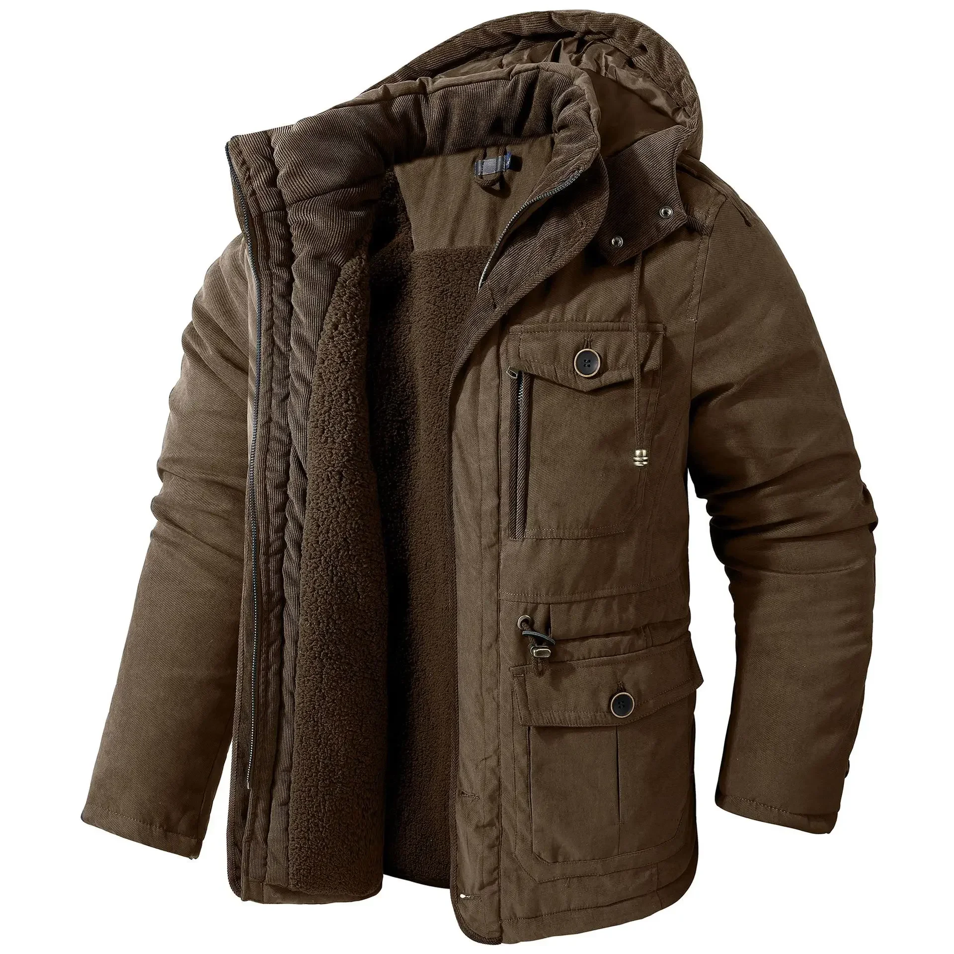 Veste pour hommes manteaux d'hiver taille américaine grande taille vestes en polaire d'agneau à capuche coton épaissi Multi poche décontracté manteau mi-long