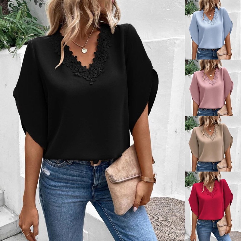 Chemisier élégant à manches courtes pour femmes, hauts d'été en dentelle noire, col en v, ample, chemise de bureau, décontracté, Streetwear, vêtements féminins