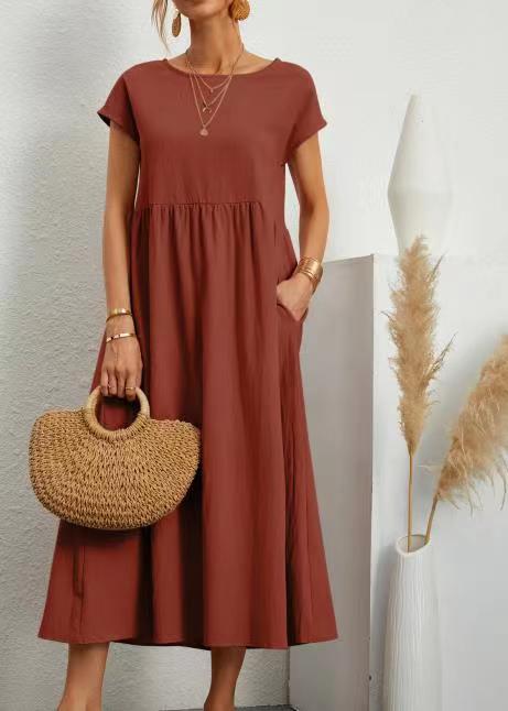 Robe longue Vintage en coton et lin pour femmes, couleur unie, élégante, col rond, manches courtes, décontractée, ample, été, 2023