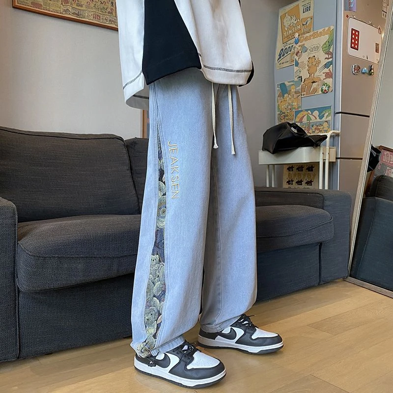 Jean ours brodé pour hommes, pantalon décontracté, jambe droite, jambe large, marque américaine, rue haute, mode printemps automne, 2023