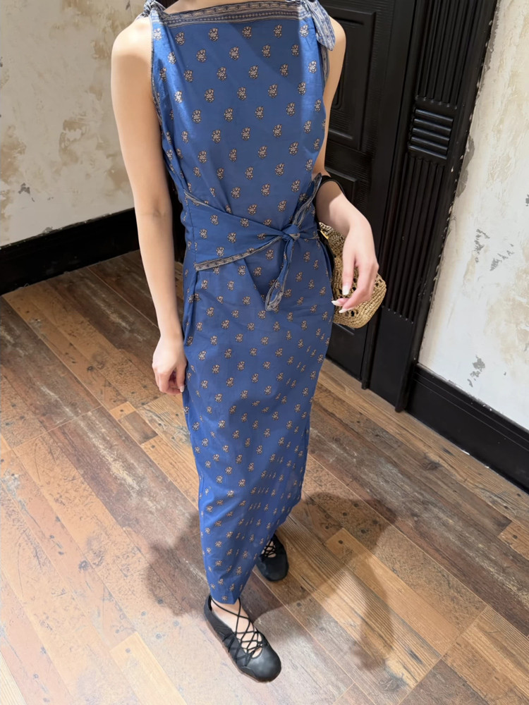 Robe longue trapèze en coton pour femme, imprimé rétro, taille nouée, sans manches, style vacances