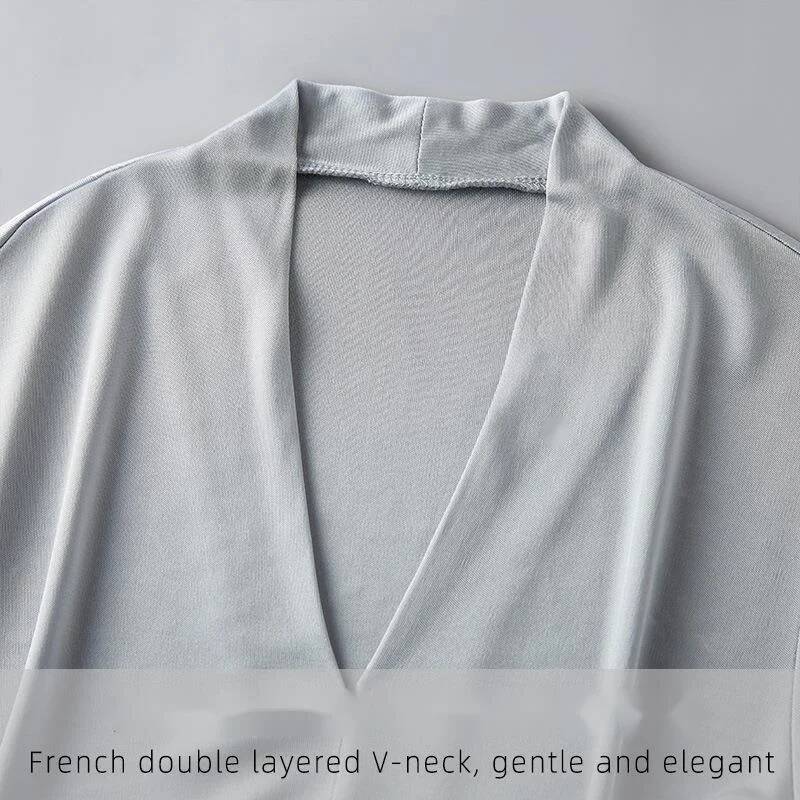 T-shirt sans couture Mulberry pour femme, double couche, col en V, manches courtes, doux, été