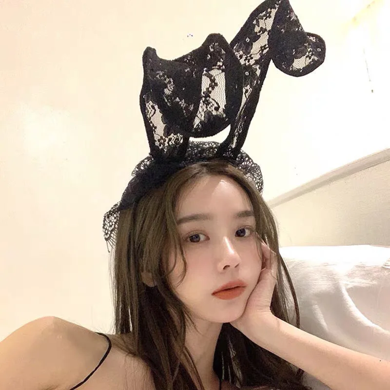 Bandeau oreilles de lapin noir et blanc, masque en dentelle, cerceau d'oreille de lapin, décoration de fête, Rhcosplay, costume d'Halloween, bandes de sauna