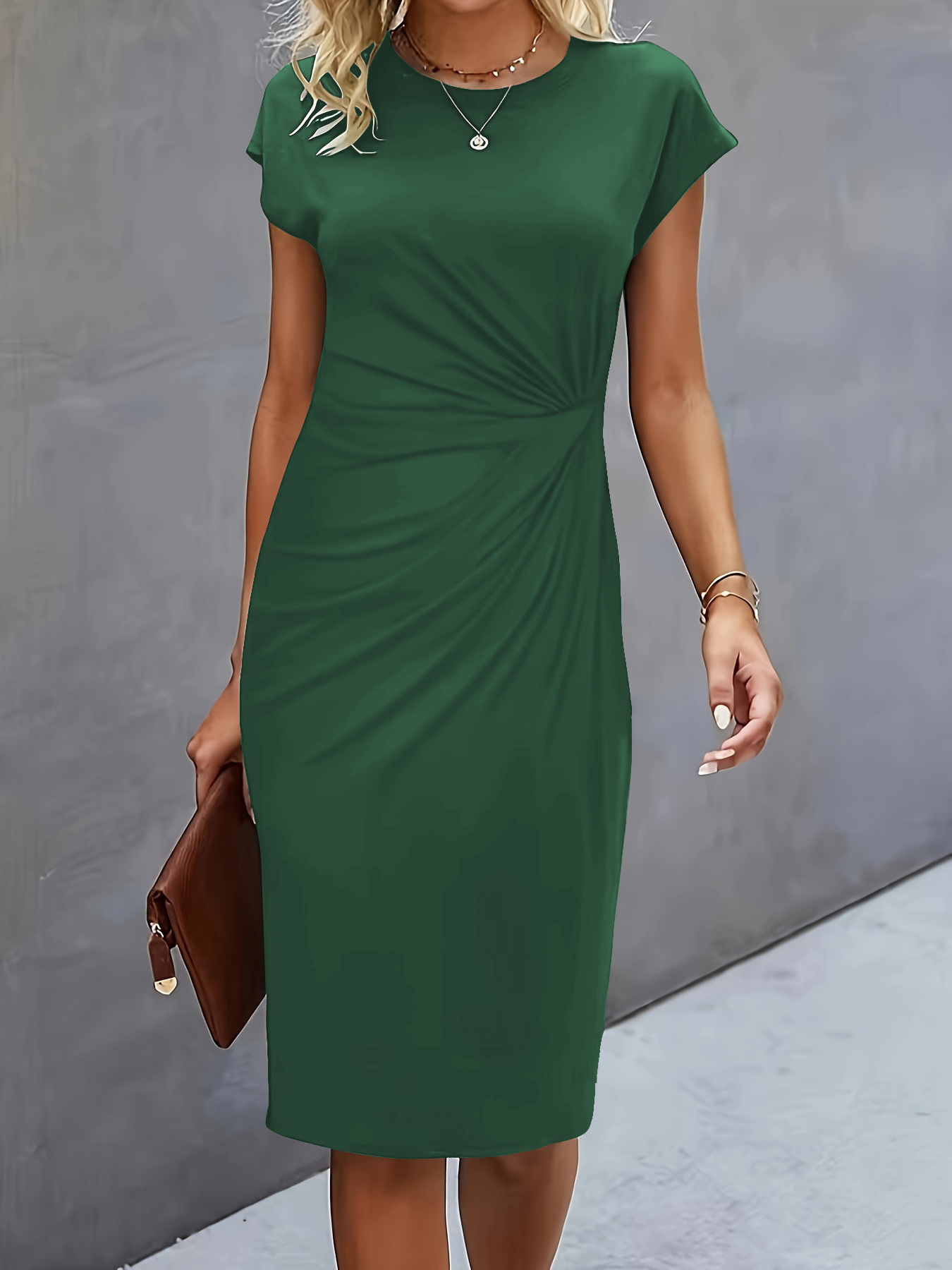 Robe moulante décontractée à col rond pour femmes, robe mi-longue, nœud avant, mode basique, tenue quotidienne