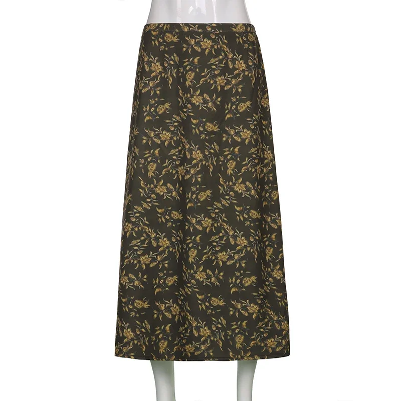 Robe d'été pour femmes, style vintage, jupe à motif imprimé feuilles brunes, taille basse, jupes à fleurs, tenues de plage, streetwear Y2k