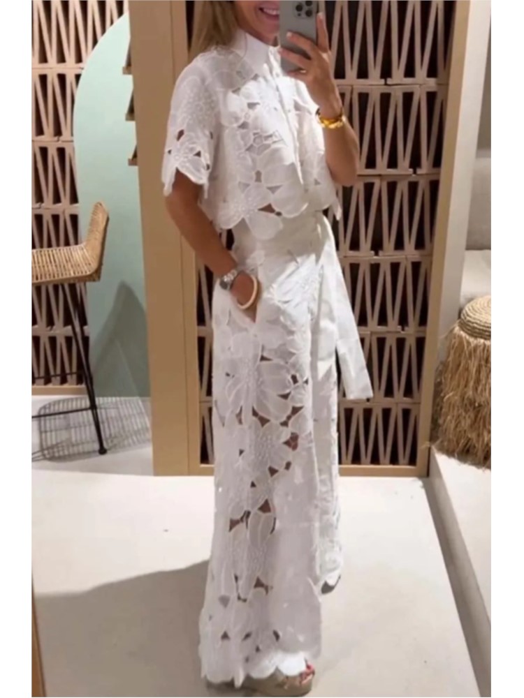 Ensembles élégants pour femmes, chemise creuse en dentelle, haut court + pantalon à jambes larges, ensemble deux pièces, costumes pour femmes, ensembles de couleur unie à la mode