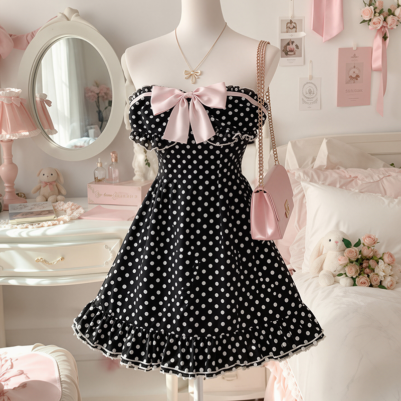 Mode d'été femmes nouveaux vêtements Vintage fille Style point imprimé nœud décoration points à volants robe élégante doux Style américain