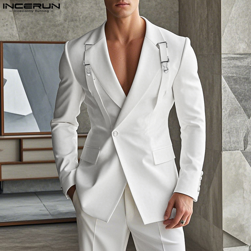 Y-INCERUN-Blazer à Manches sulfpour Homme, Manteau Décontracté, Streetwear, Monochromatique, à la Mode, Bien Ajusté, avec Boucle en Métal